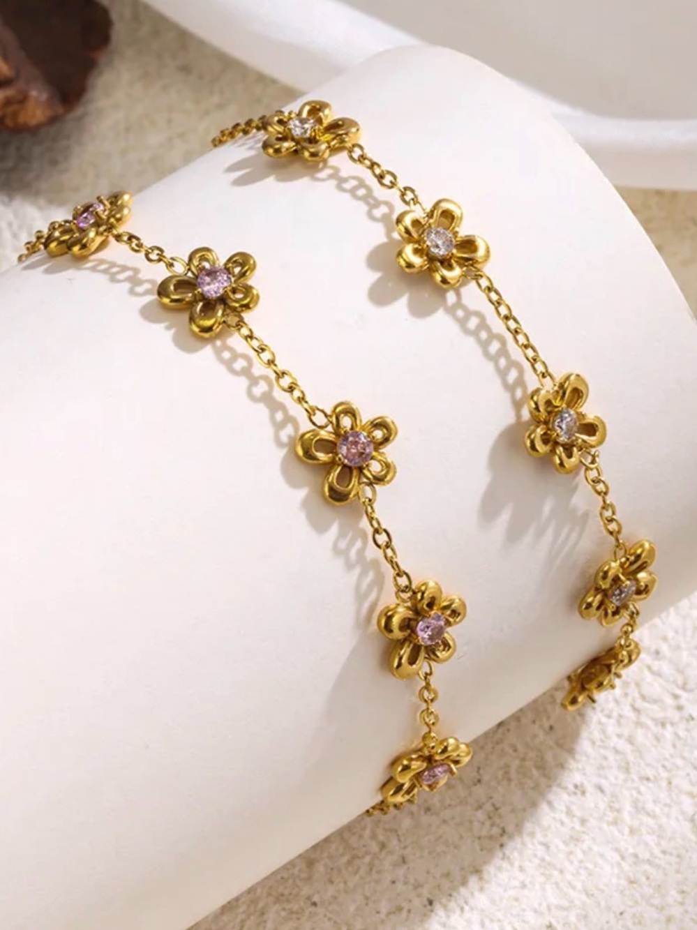 Floral Chain Bracelet Pink or Clear Crystal Center NWT Gold Plated PVD